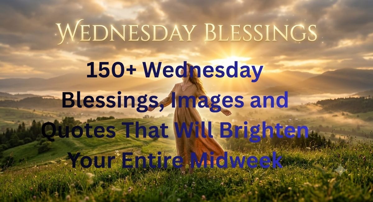 Wednesday blessings images and quotes — a woman standing on a hillside facing a golden sunrise with glowing text Wednesday Blessings in the sky