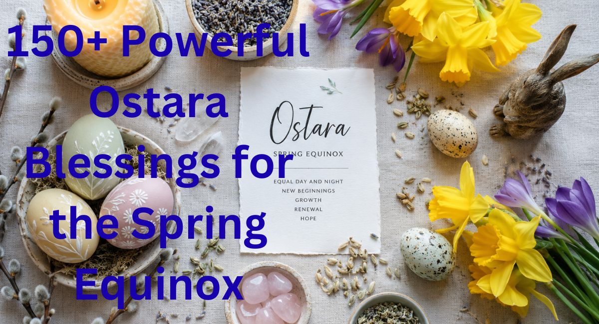 Spring equinox Ostara altar decorated with pastel flowers and eggs andSpring equinox sunrise symbolizing Ostara renewal and blessings