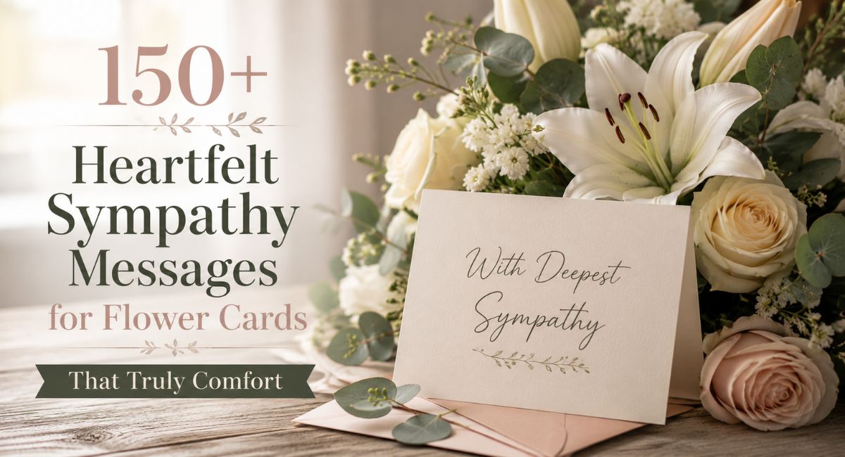 A heartfelt flower card message written in cursive beside a white sympathy bouquet of roses and lilies