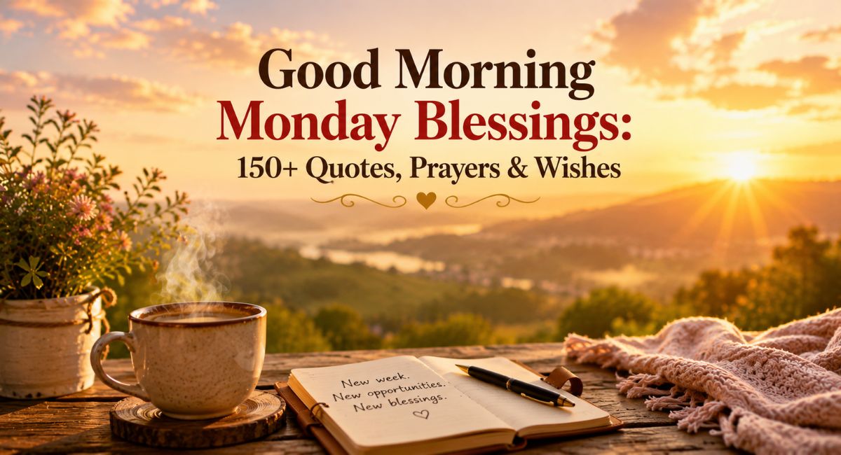 Good Morning Monday Blessings sunrise with coffee cup and journal, symbolizing a fresh, blessed new week