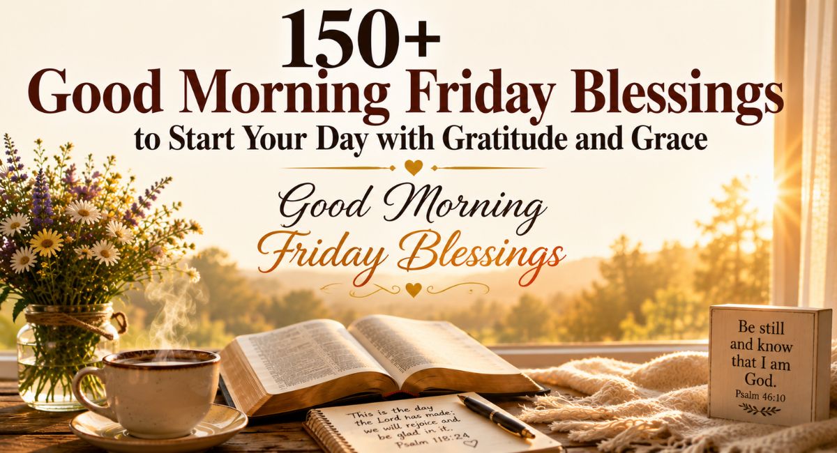 Good Morning Friday Blessings - coffee cup and Bible on table with sunrise light