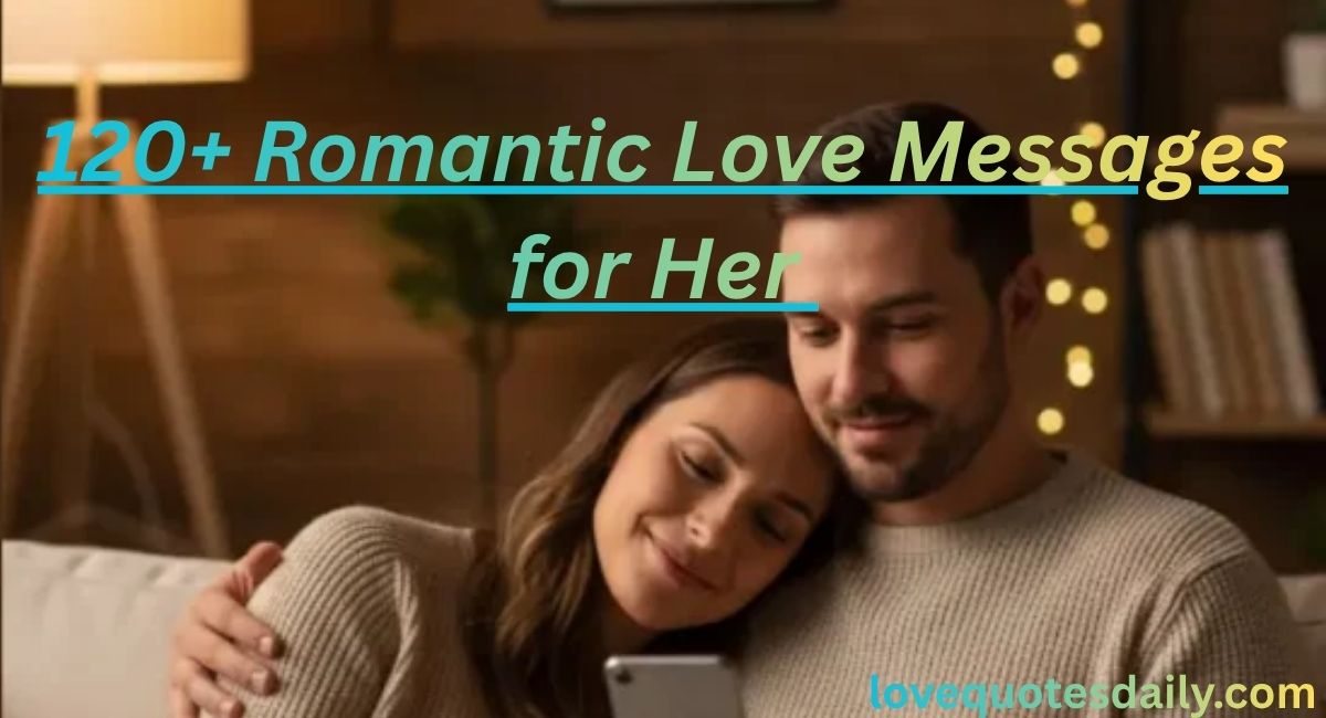 Romantic love messages for her displayed on smartphone screen showing heartfelt emotional text conversation between couple