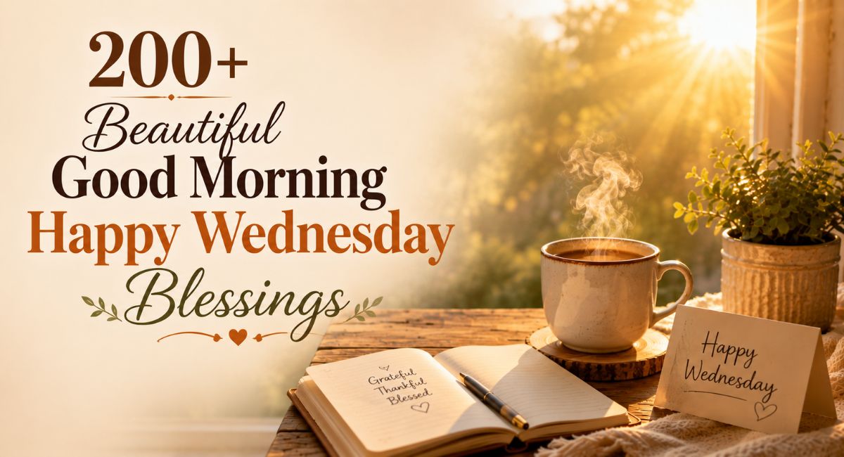 Good morning happy Wednesday blessings with coffee cup and sunrise